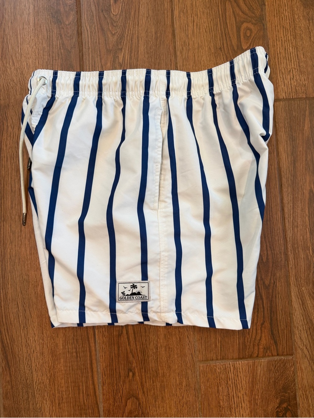 Fella White Swim Trunks 4” pockets with Blue Vertical Stripes / men’s large